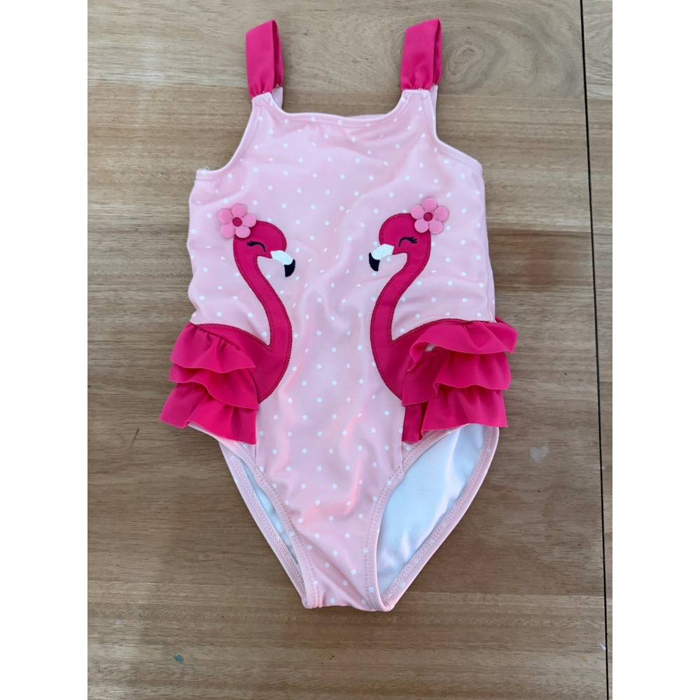 Gymboree Girls Pink Polka Dot Flamingo Ruffle One Piece Swimsuit 3T RN70530